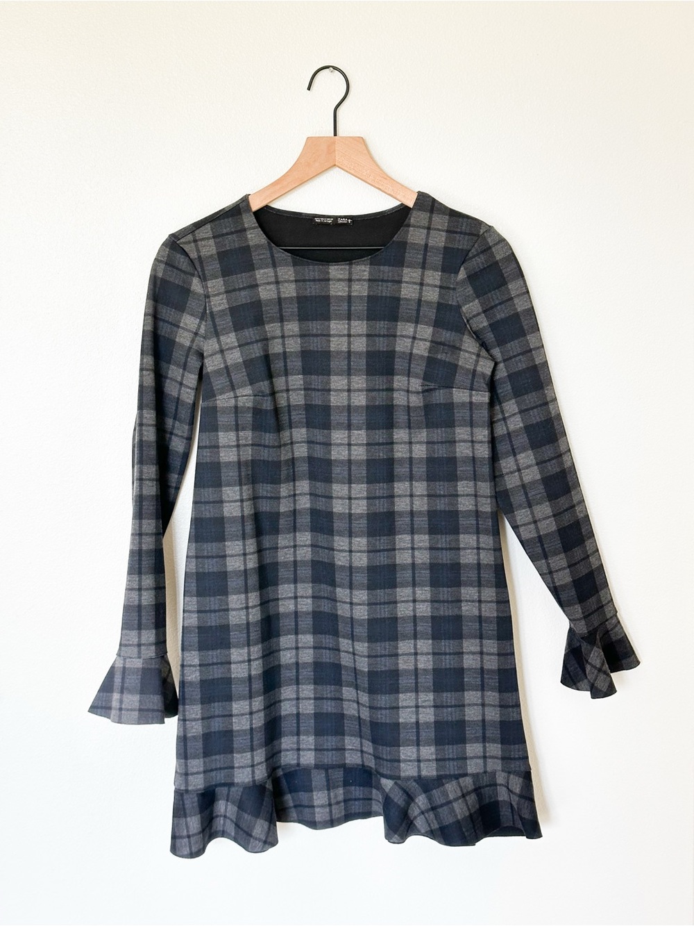 Zara Collection Plaid Ruffle-Hem Long Sleeve Babydoll Dress - Gray, Black, Blue